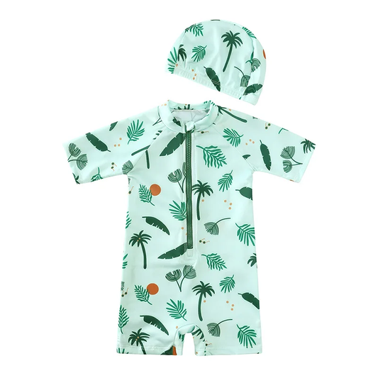 Baby One-Piece Swimsuit with Hat - Tropical Print