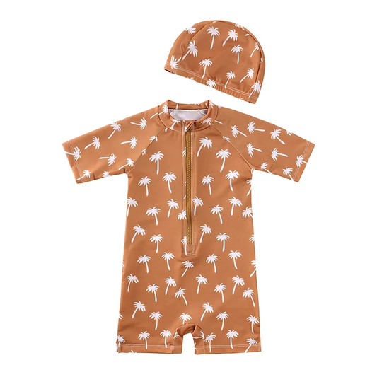 Baby One-Piece Swimsuit with Hat - Palm Tree Print