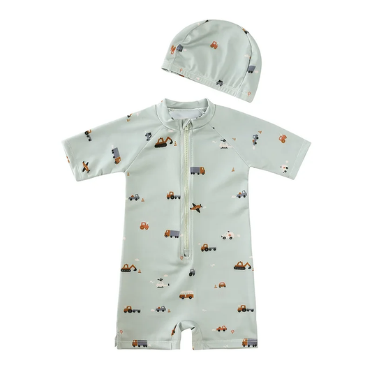 Baby One-Piece Swimsuit with Hat - Car Print