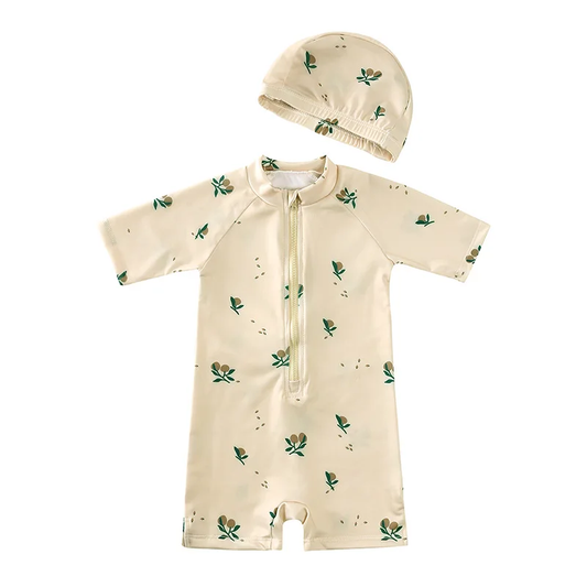 Baby One-Piece Swimsuit with Hat - Apricot Print